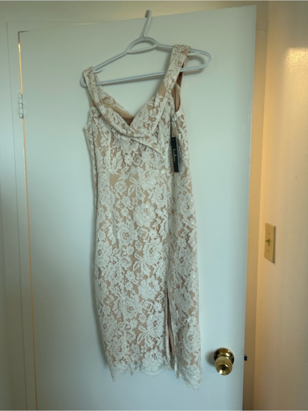 Lulu's Off the Shoulder Cream Lace Midi Dress with Nude Lining